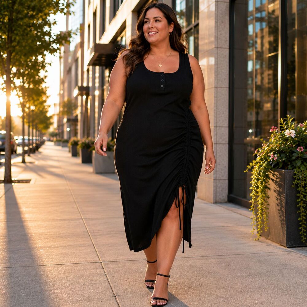 Black Ruched Midi Dress 1XL Side Slit Ribbed Drawstring Going Out Y2K Dreamy